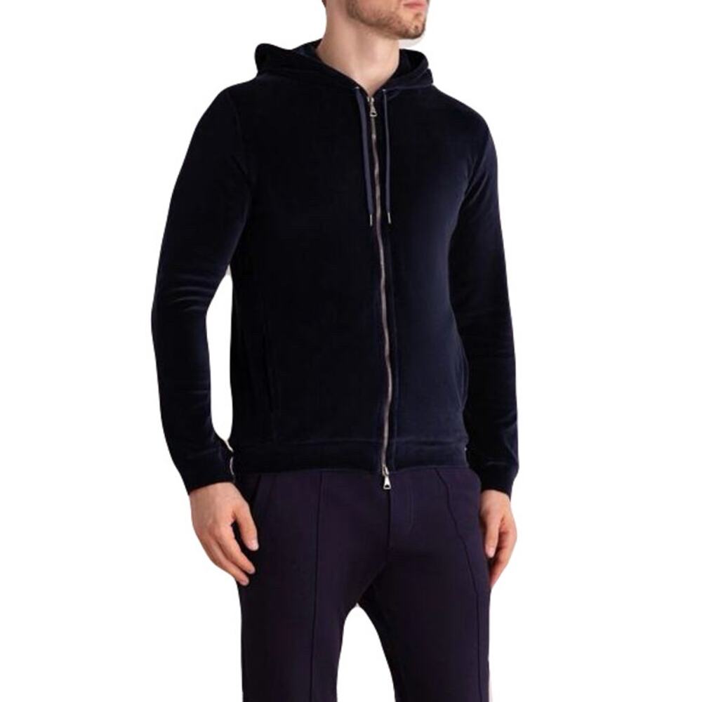 DEREK ROSE Hoodie Mens XL Velour Velvet Navy Zip Pockets Long-Sleeve Sweatshirt